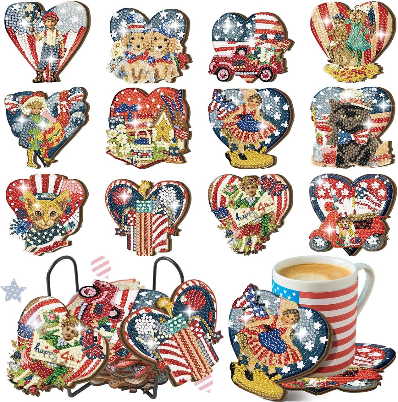 12 Pcs Patriotic Vintage Diamond Art Painting Coasters Kits with Holder DIY Ornament